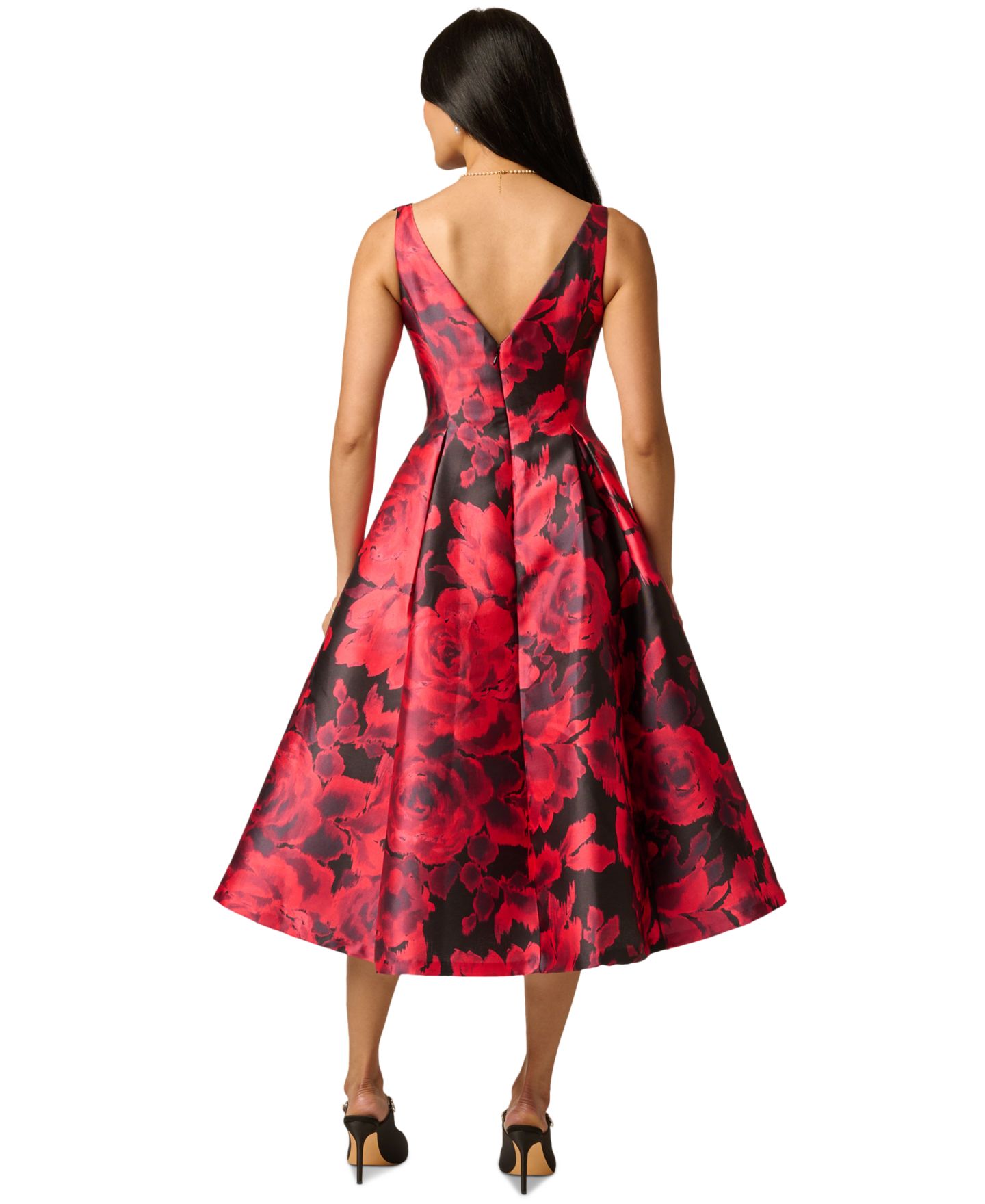 Женское платье Adrianna Papell Ikat Rose Floral-Print Boat Neck A-Line, цвет: Красный / Чёрный разноцветный — фото 5