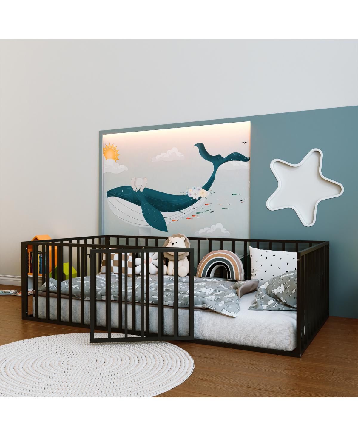 Streamdale Furniture Twin Metal Montessori Floor Bed with Fence and Door - Black