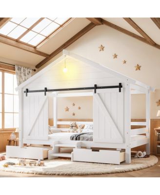 Twin Farmhouse House Bed with Barn Door, Stairs, and Drawers