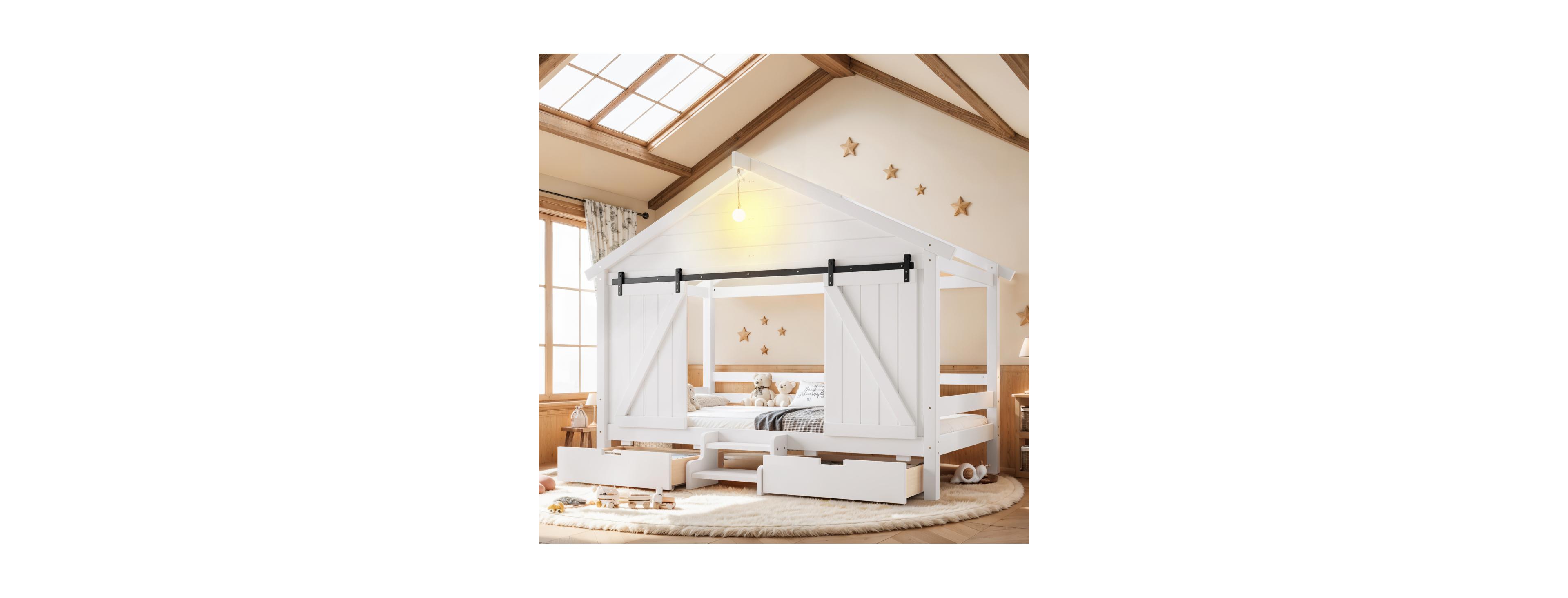 Streamdale Furniture Twin Farmhouse House Bed with Barn Door, Stairs, and Drawers