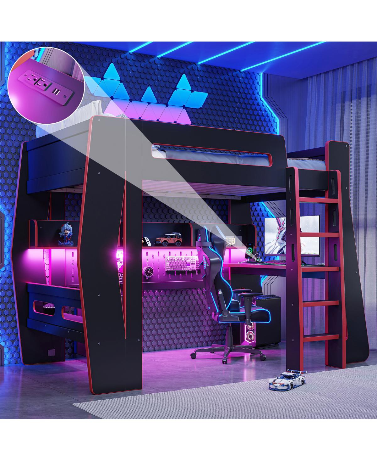 Streamdale Furniture Twin Size Gaming Loft Bed with Desk, Led Lights, and Storage