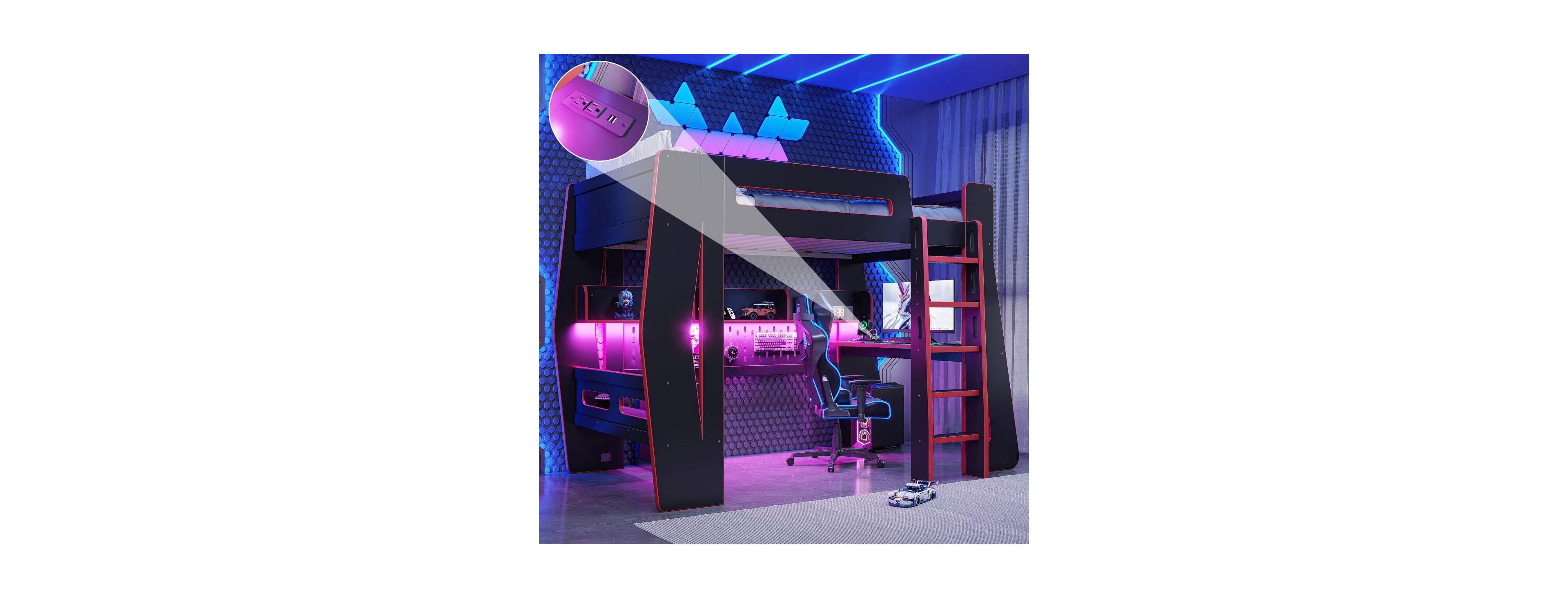 Streamdale Furniture Twin Size Gaming Loft Bed with Desk, Led Lights, and Storage