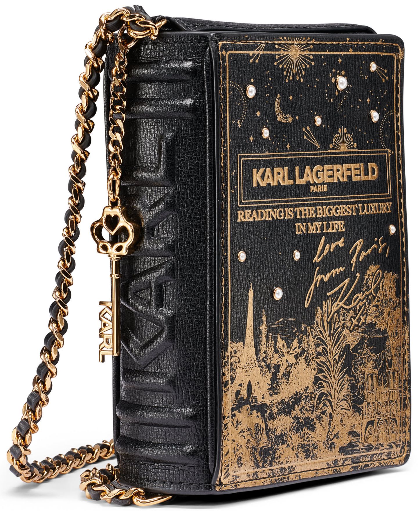 Женская сумка KARL LAGERFELD PARIS Ikons Book Mini Leather Crossbody Handbag, цвет: Чёрный / Золотой — фото 3