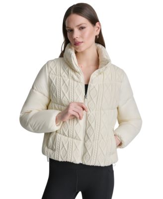 Women's Cable Knit Mock Neck Water Resistant Puffer Jacket