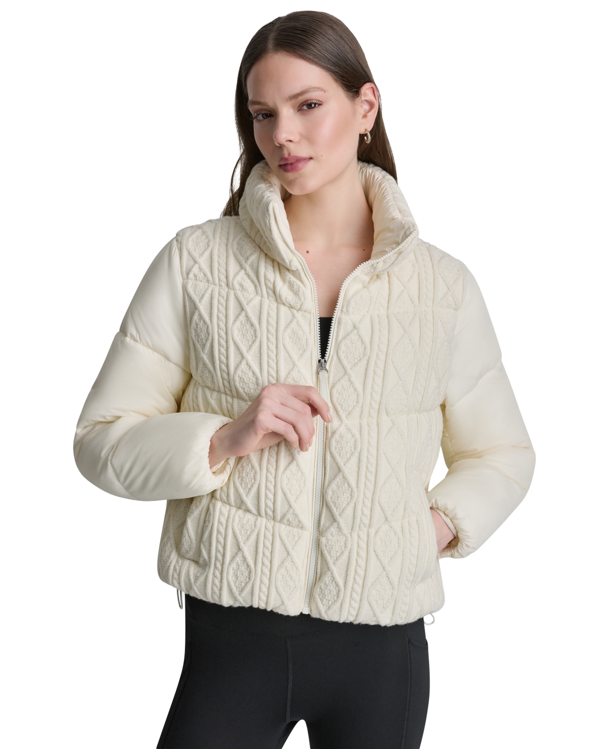 Dkny Sport Women's Cable Knit Mock Neck Water Resistant Puffer Jacket