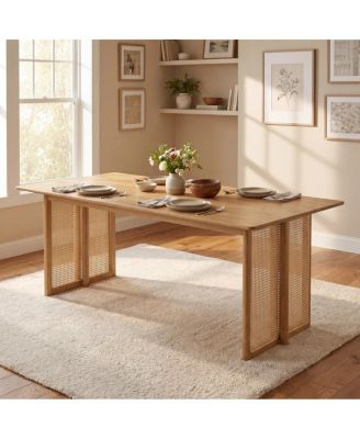 Natural Rubber Wood Dining Table with Plastic Rattan 70.87"L