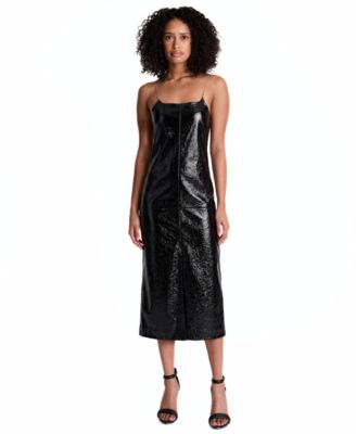 Women's Midi Metal-Strap Square Neck Faux Leather Slip Dress