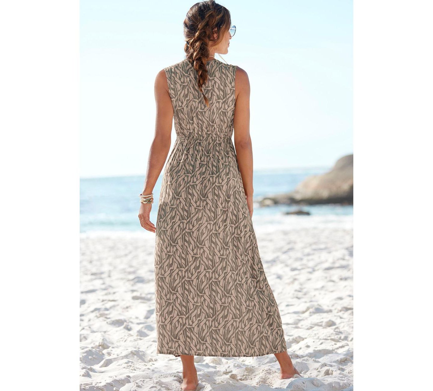 Женское платье Lascana Printed Wrap V-Neck Rayon Maxi, цвет: Хаки песочный — фото 4