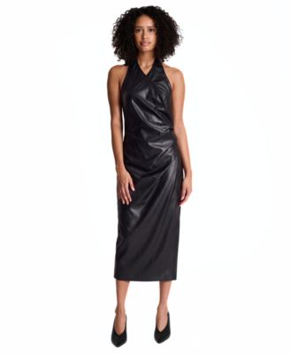 Women's Halter-Neck Draped Open-Back Faux Leather Midi Dress