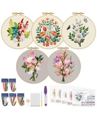5 Sets Beginner Adult Mushroom Cross Stitch Embroidery Kit with Hoop Threads Needles
