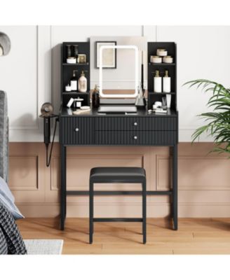 31" Small Vanity Desk with Mirror and 3-Color Lights – Makeup Vanity Set with Built-in Charging Station, 6 Storage Shelves and 3 Drawers