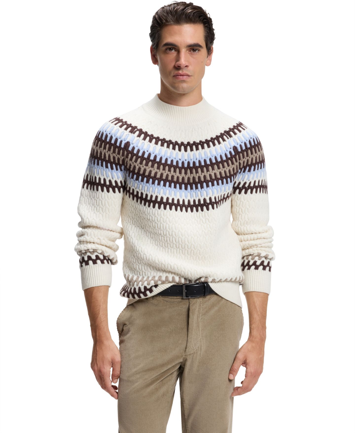 Мужской свитер Hugo Boss C-Fiotto Cable Fair-Isle-Patterned Mock-Neck, цвет: Белый — фото 1