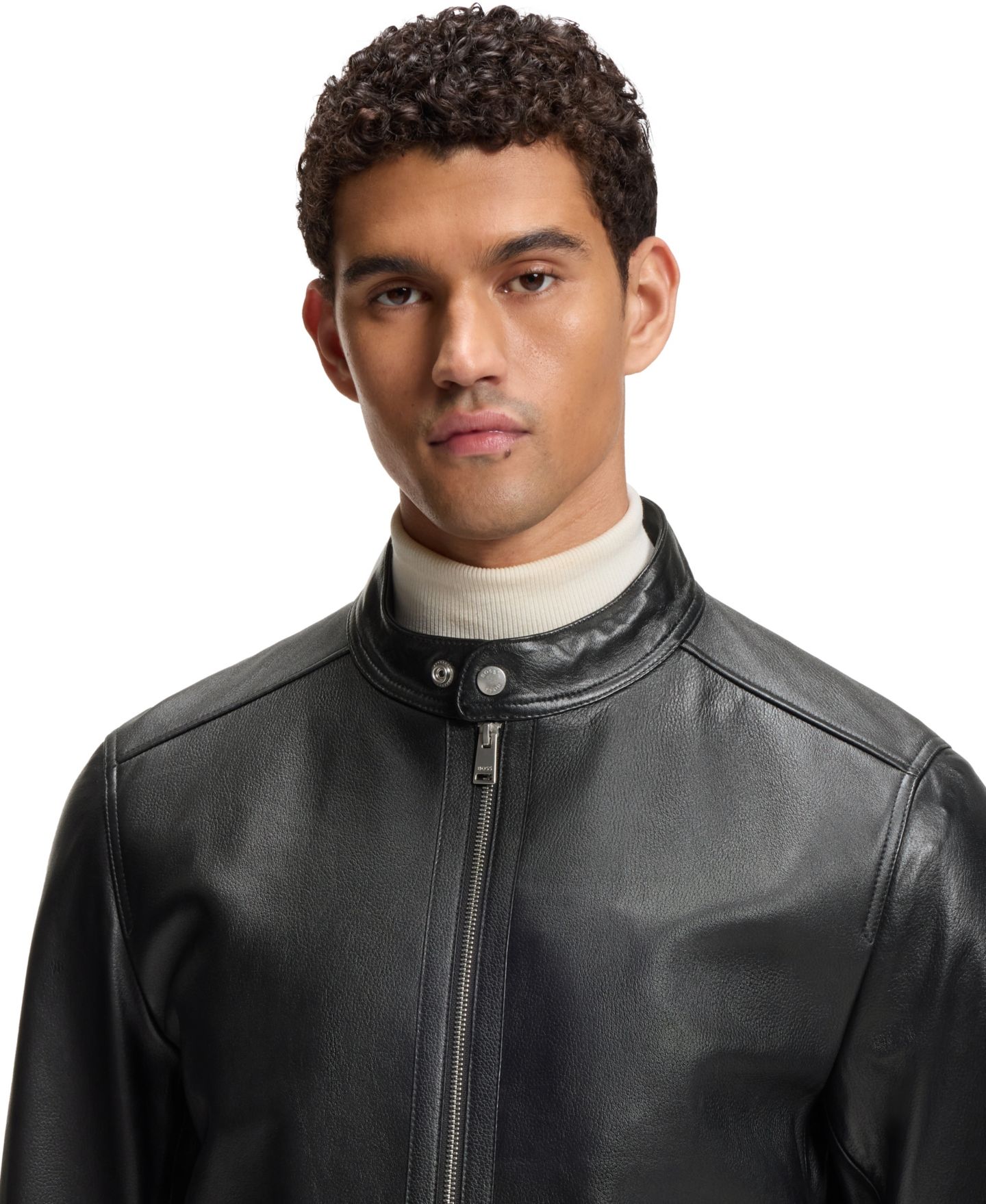 Мужская куртка Hugo Boss Grained-Leather Regular-Fit Motorcycle, цвет: Чёрный — фото 5