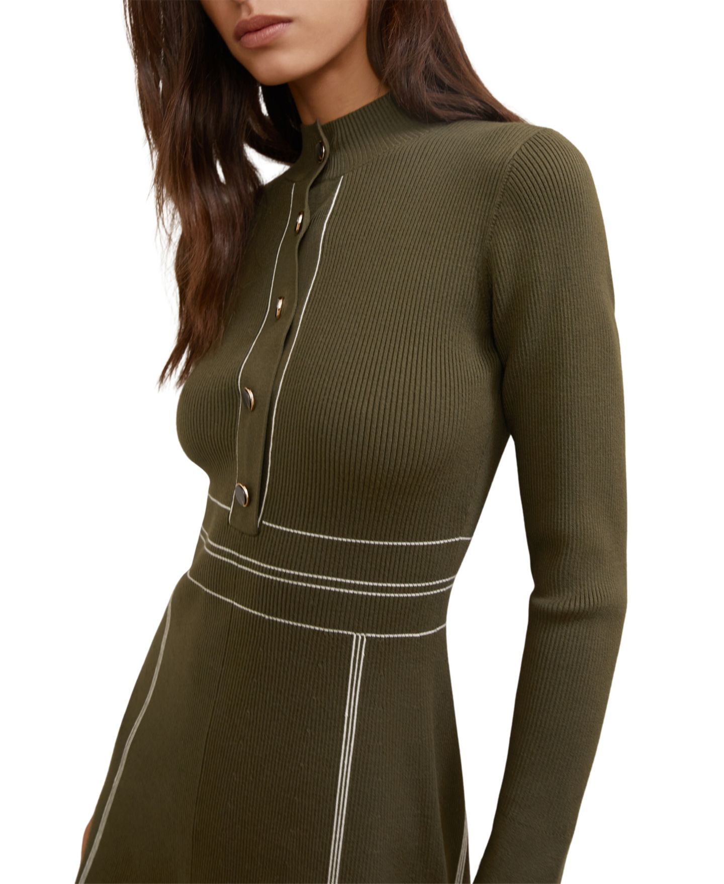 Женское платье REISS Alex Mock-Neck Long-Sleeve Rib-Knit Mini Sweater Dress, цвет: Хаки — фото 2
