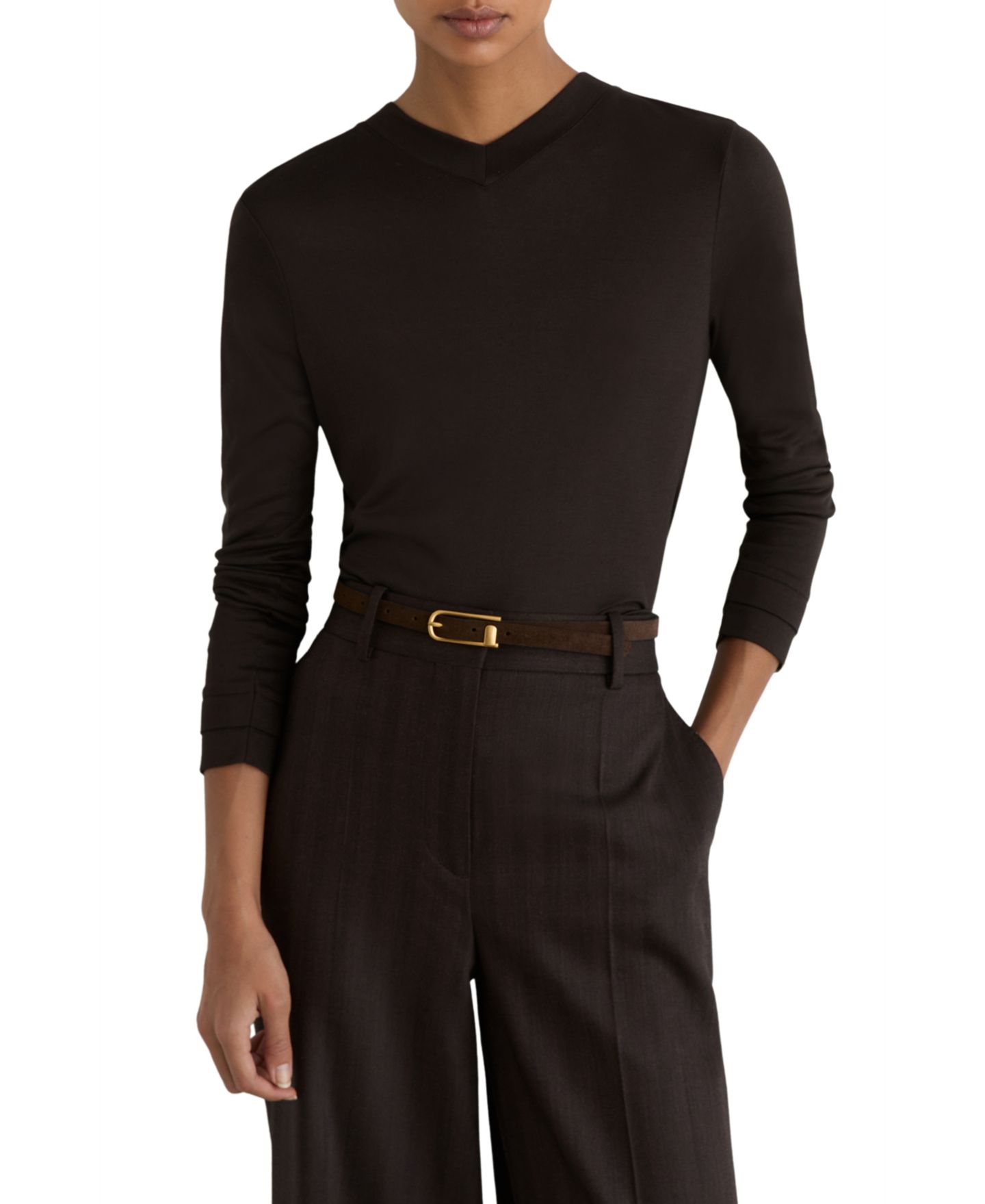 Женская футболка REISS Brody Long-Sleeve High-V-Neck, цвет: Шоколадный — фото 1
