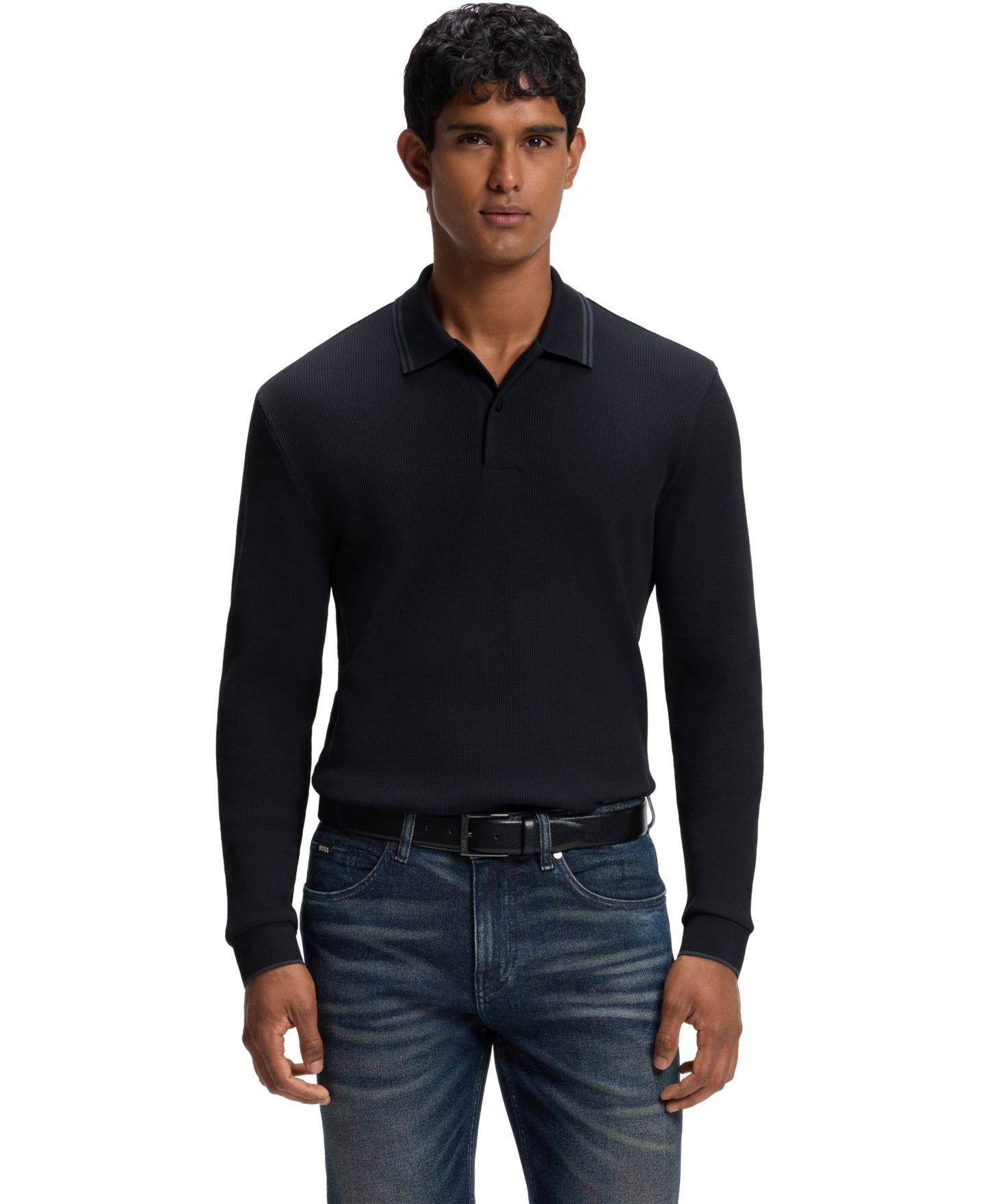 Мужское поло Hugo Boss H-Pittman 10 Stretch Long-Sleeve Waffle-Knit Polo Shirt, цвет: Тёмный синий — фото 1