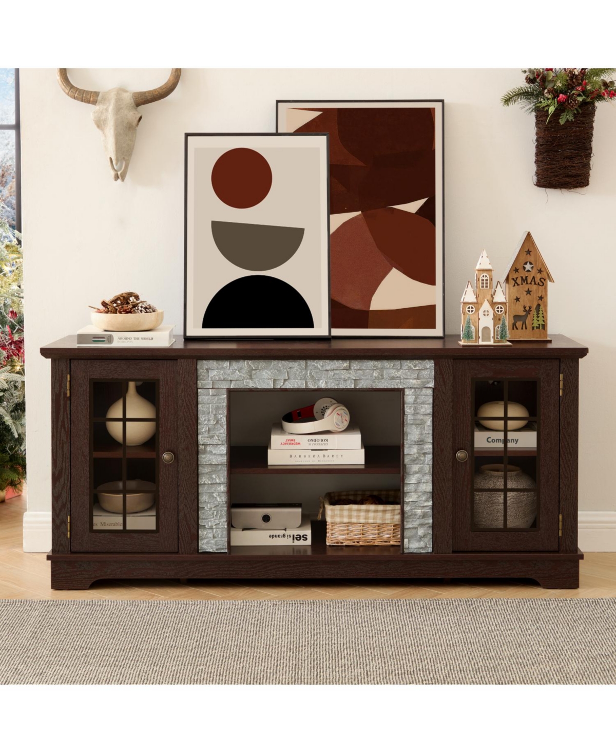 Rainsken 58inch Modern Tv Stand with Realistic Stacked Stone Surround for 65 Inch Tv Media Console Cabinet with Open Shelves for Living Room - Brown