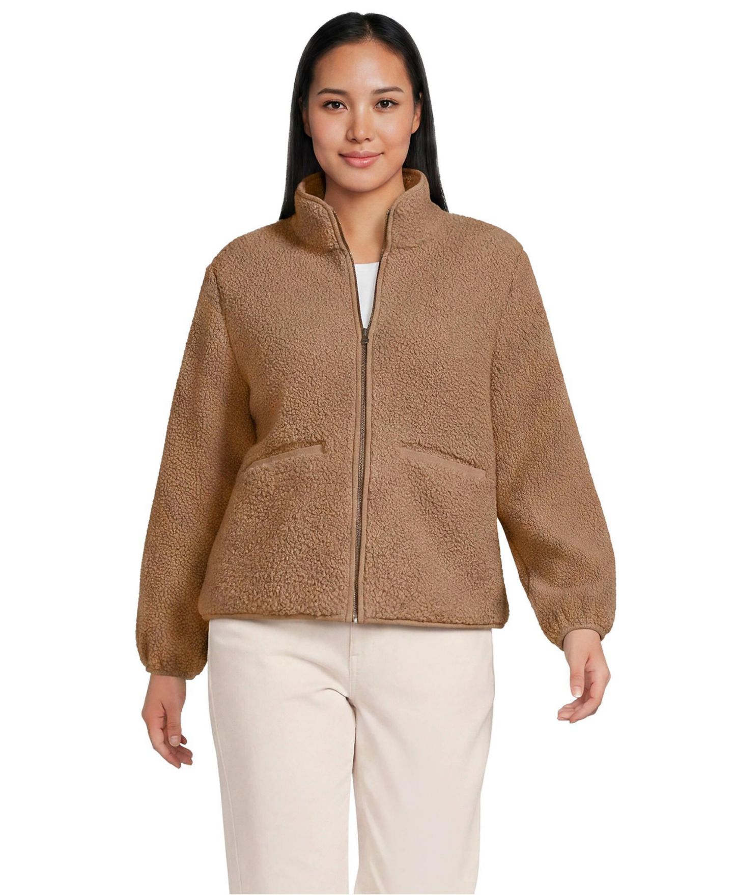 Женская куртка Lands' End Plus Size Boucle Full-Zip Fleece, цвет: Медовый бежевый — фото 1