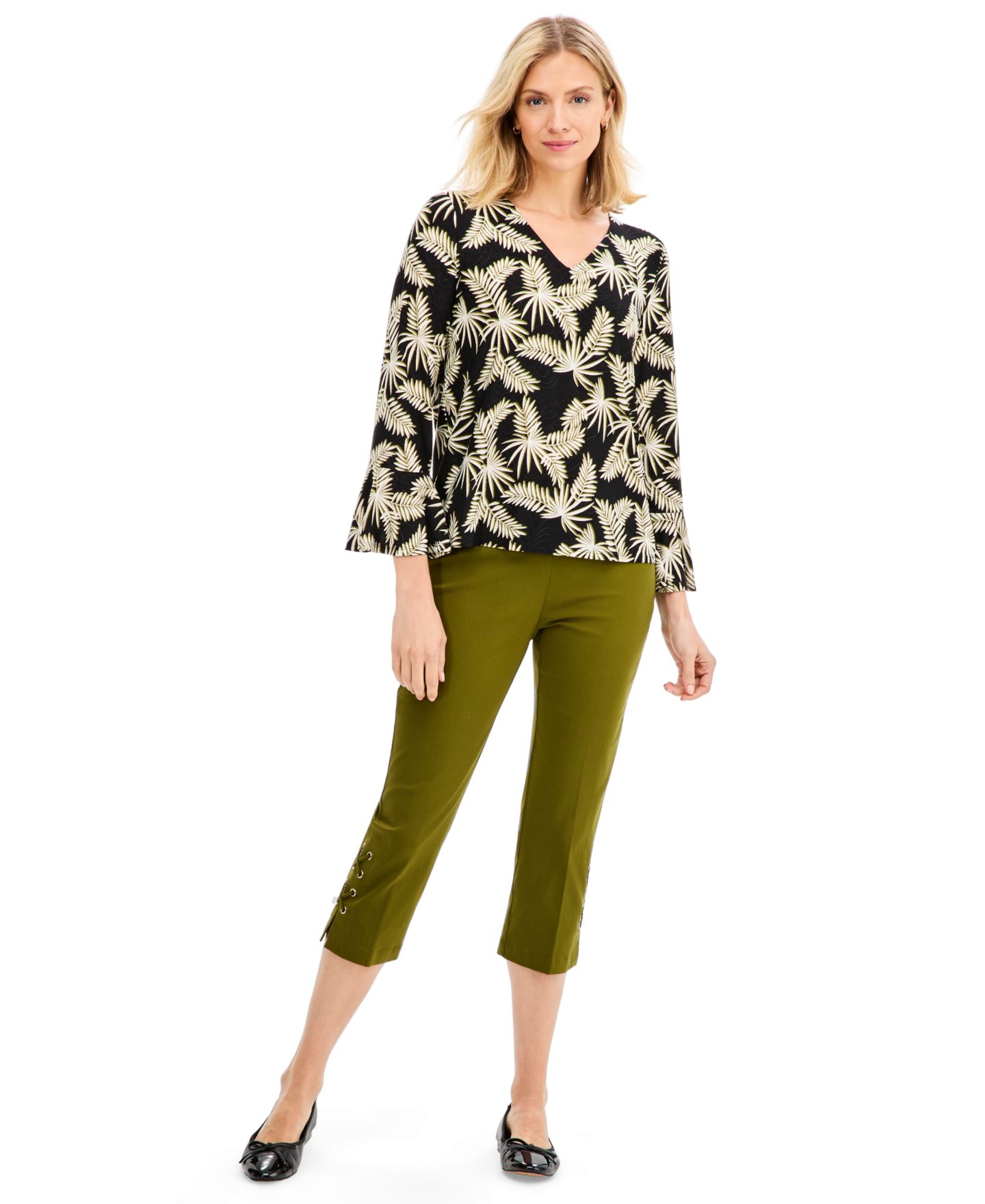 Женская футболка JM Collection Petite Leaf Flounce 3/4-Sleeve V-Neck, цвет: Глубокий чёрный — фото 3