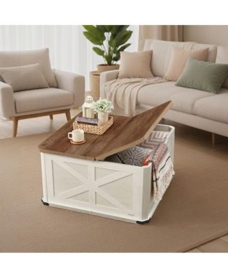 Rustic Square Coffee Table with Storage, Farmhouse Center Table with Flip-Top Lids