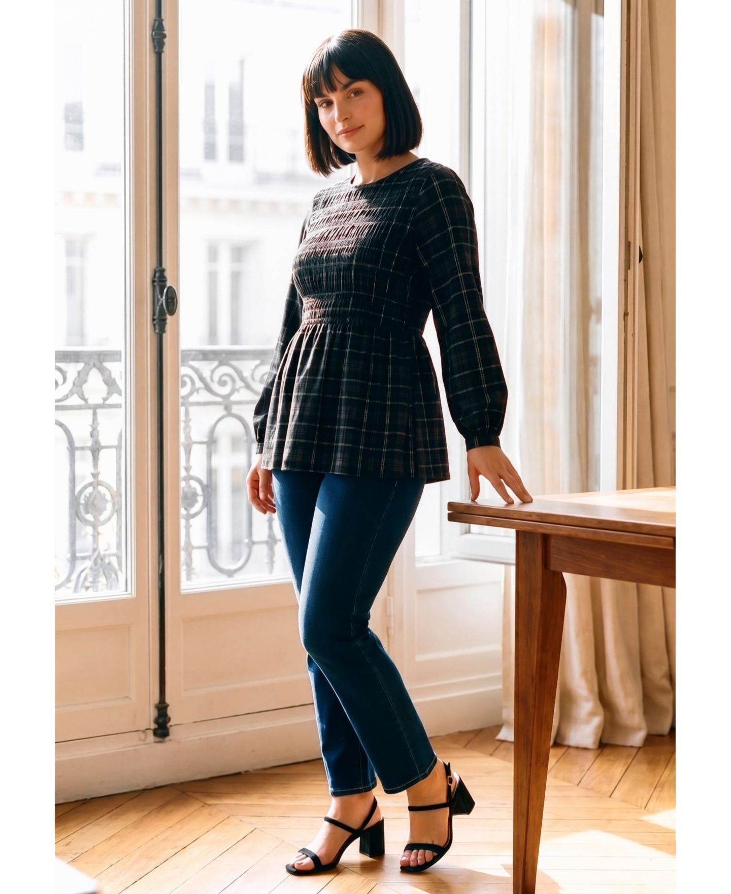 Женская блузка Avenue Plus Size Sela Long-Sleeve Smocked, цвет: Чёрный клетчатый — фото 3