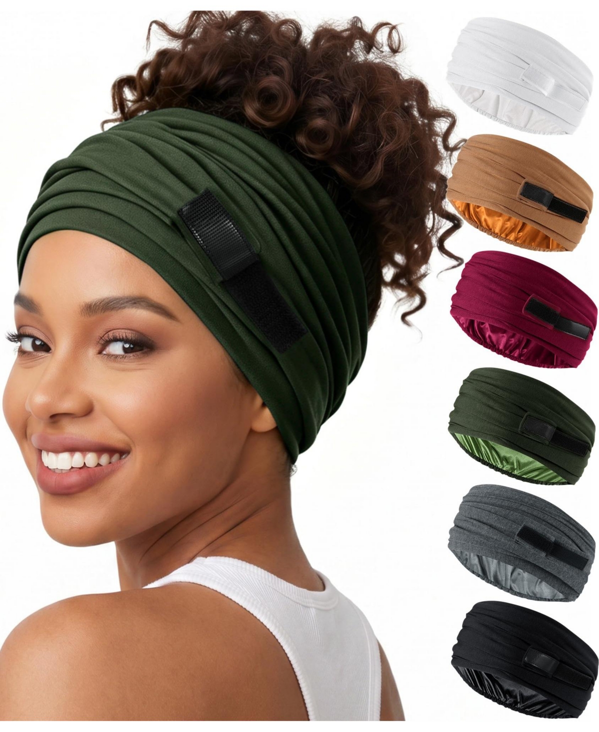 Sportneer Satin-Lined Stretch Adjustable Head Wrap - Olive green 1