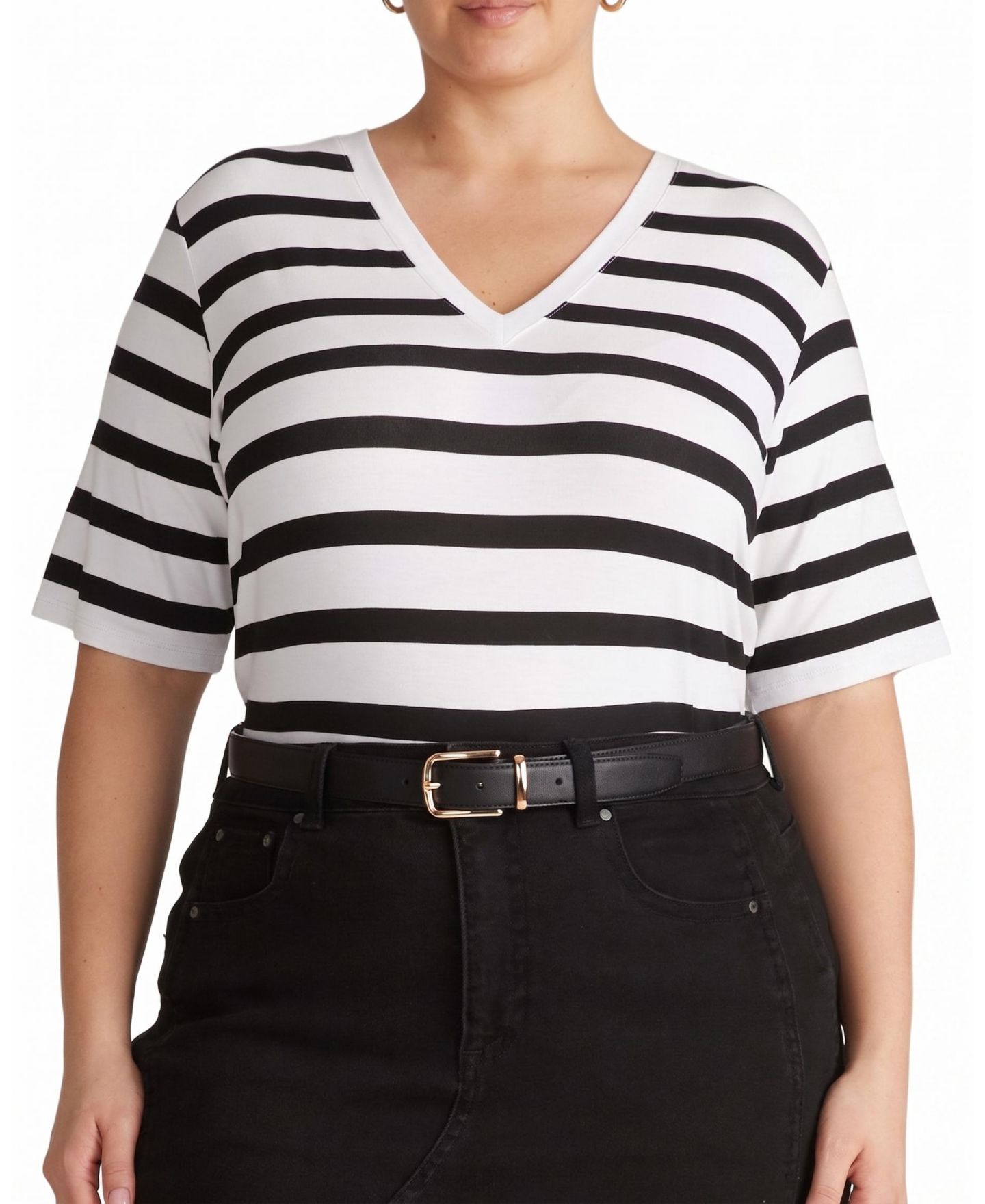 Женская футболка Universal Standard Plus Size Maia Pima Cotton-Blend Stovepipe V-Neck, цвет: Чёрный / Белый полосатый — фото 1