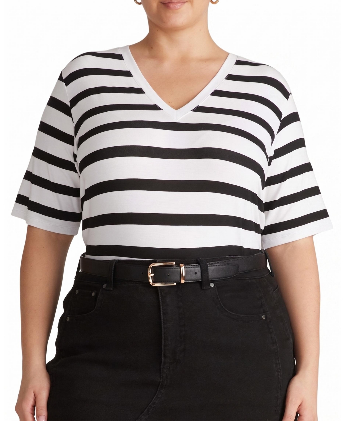 Universal Standard Plus Size Maia Pima Cotton-Blend Stovepipe V-Neck T-Shirt - Black/white stripe