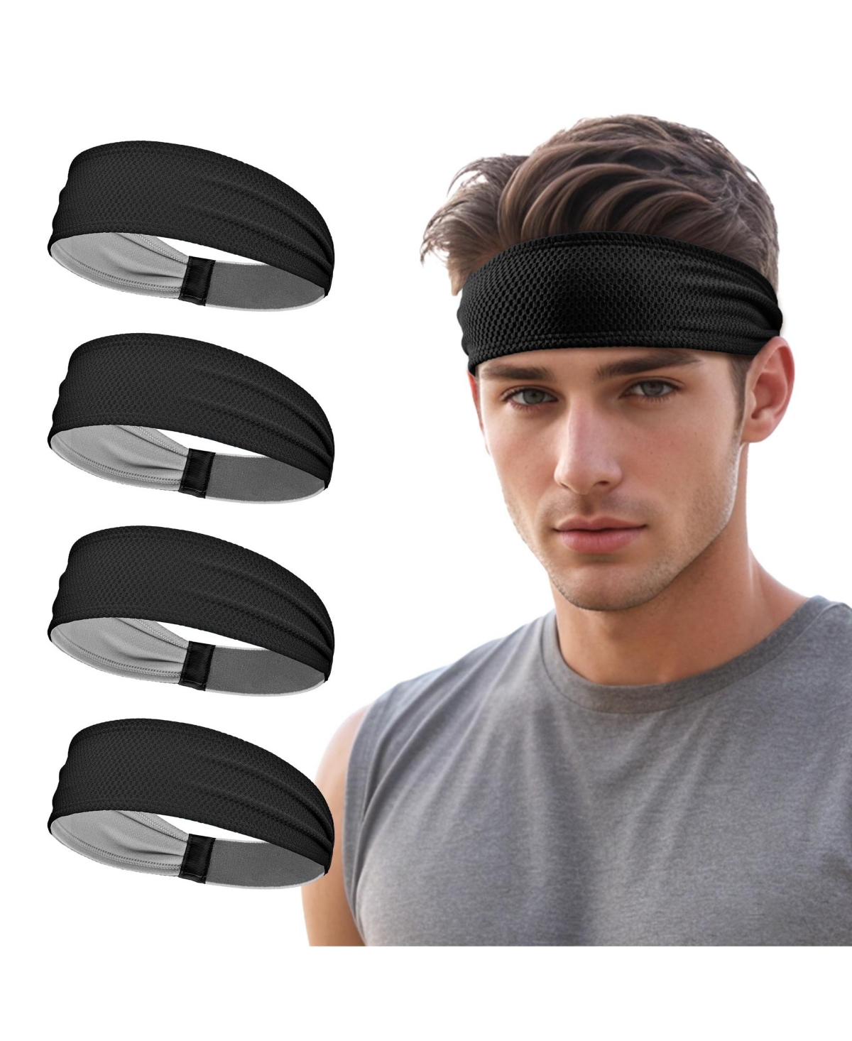 Sportneer Men's Sports Headbands Wicking Non Slip Breathable Elastic Workout Bands For Running Yoga Tennis Fitness - Black