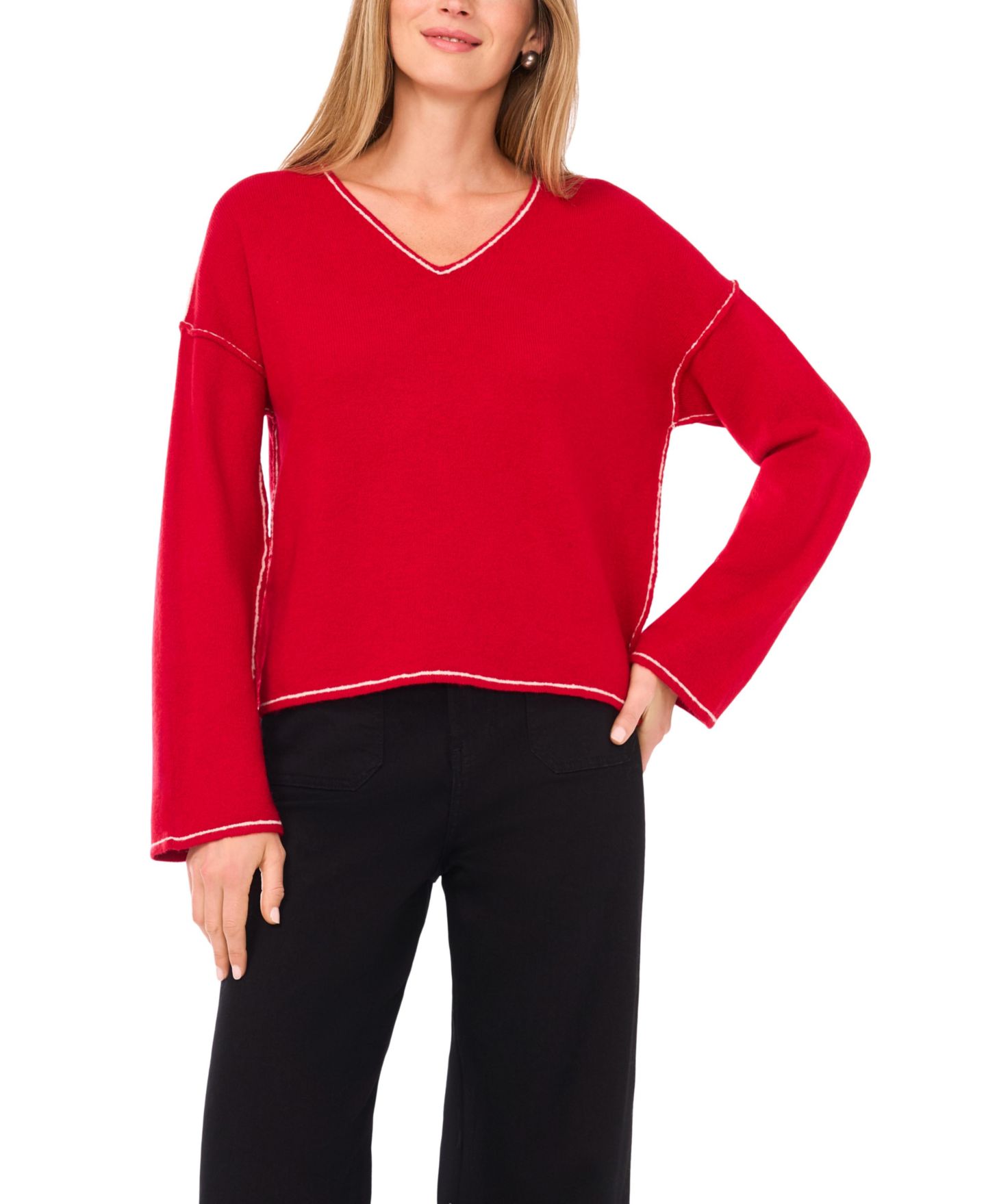 Женский свитер Vince Camuto V-Neck With Contrast Crochet, цвет: Красный — фото 3