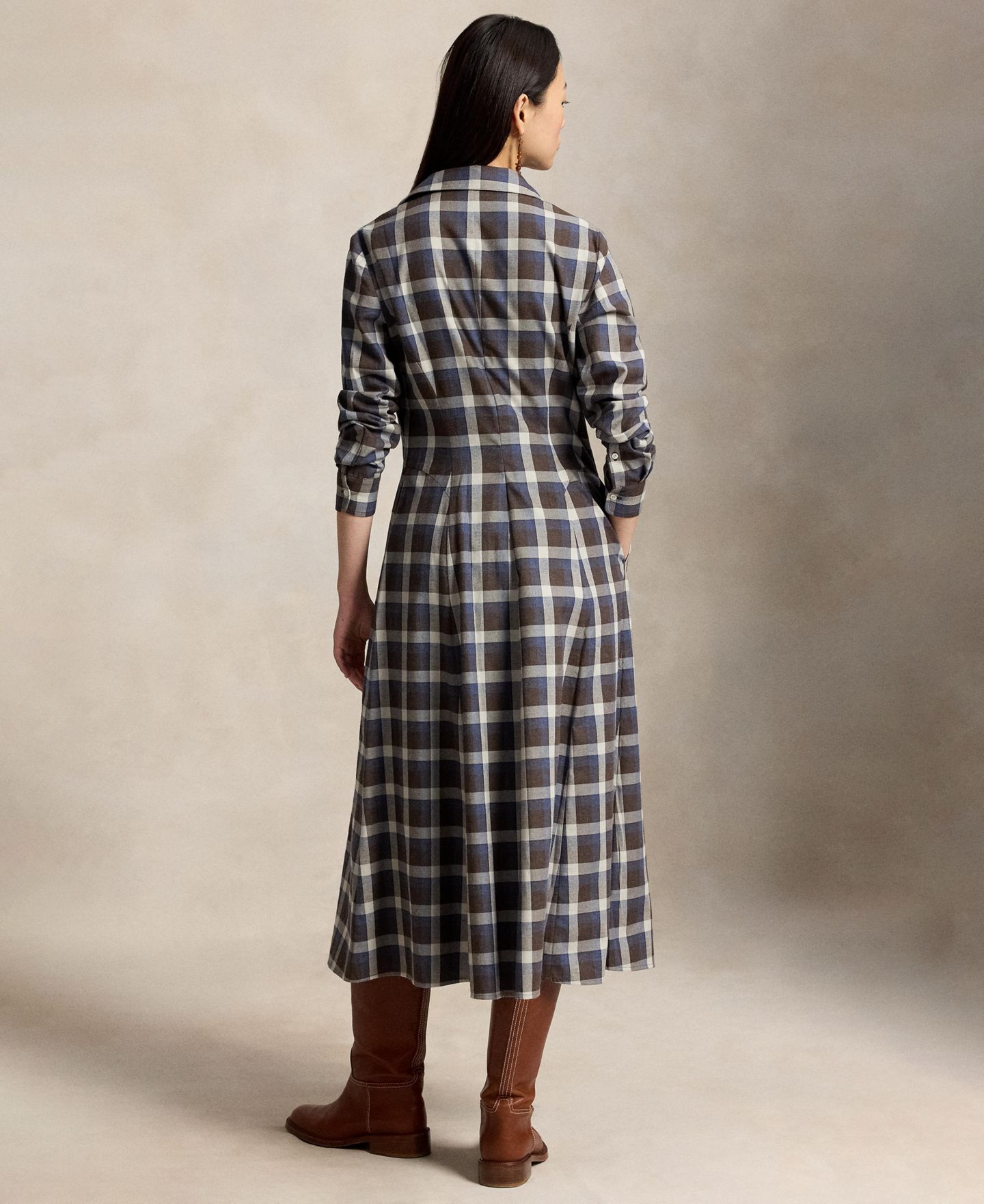 Женское платье Polo Ralph Lauren Plaid Long-Sleeve Midi Shirt Dress, цвет: Коричневый синий разноцветный — фото 4
