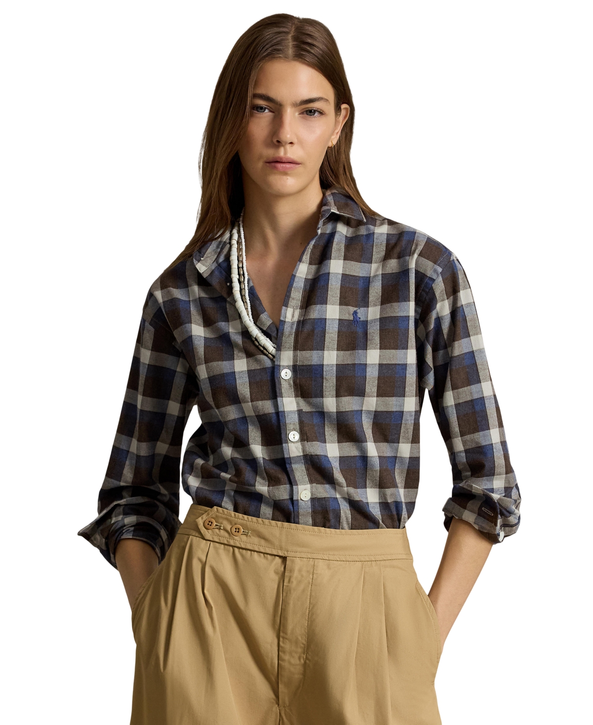 Polo Ralph Lauren Women's Plaid Cotton Twill Collared Button-Up Shirt