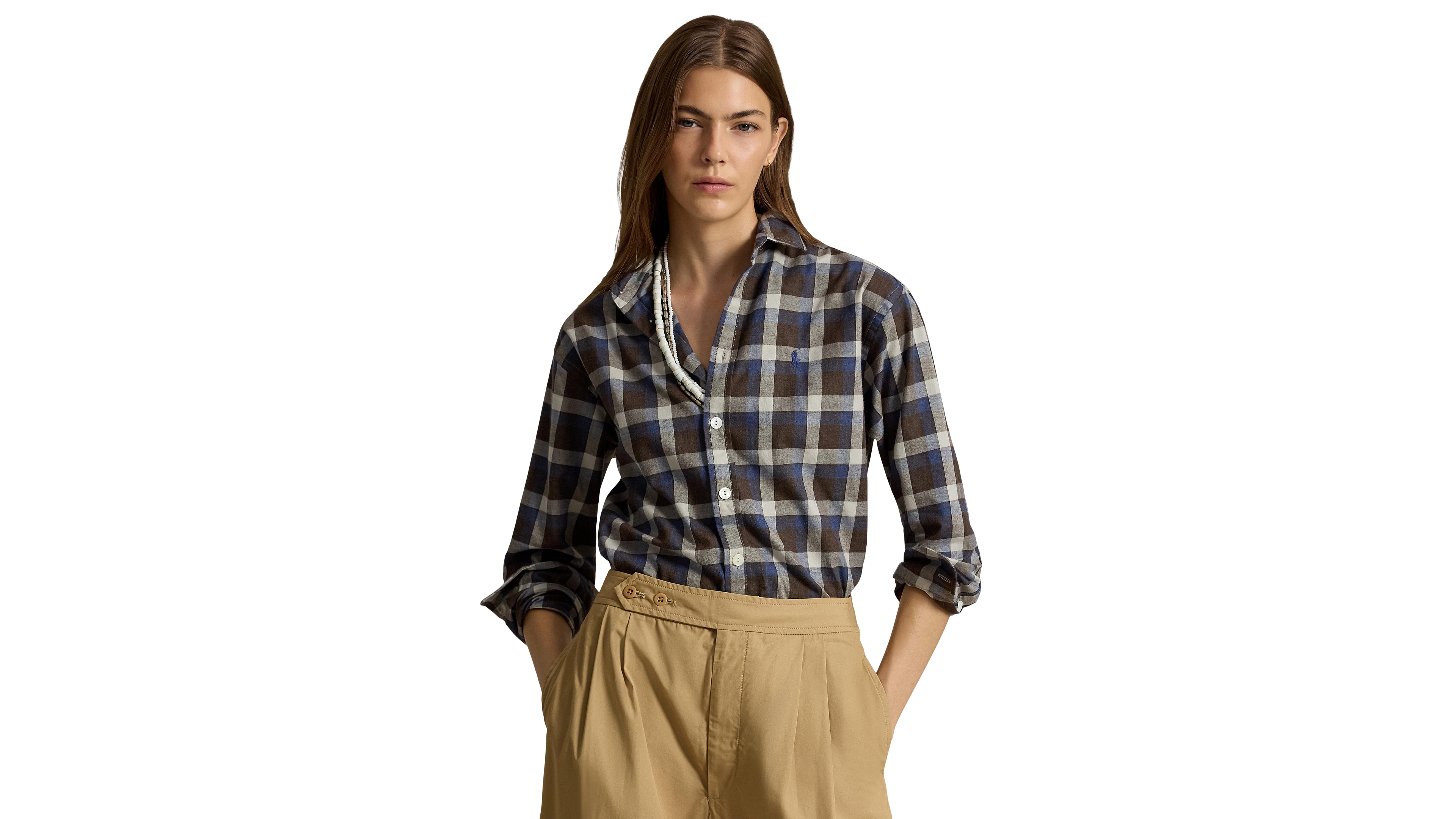 Polo Ralph Lauren Women's Plaid Cotton Twill Collared Button-Up Shirt