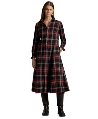 Women's Plaid Long-Sleeve Midi Shirt Dress