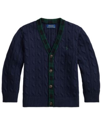 Boys' 2T-7 Cable-Knit Plaid-Trim Cardigan