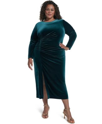 Plus Size Side Ruche Velvet Midi Long-Sleeve Dress