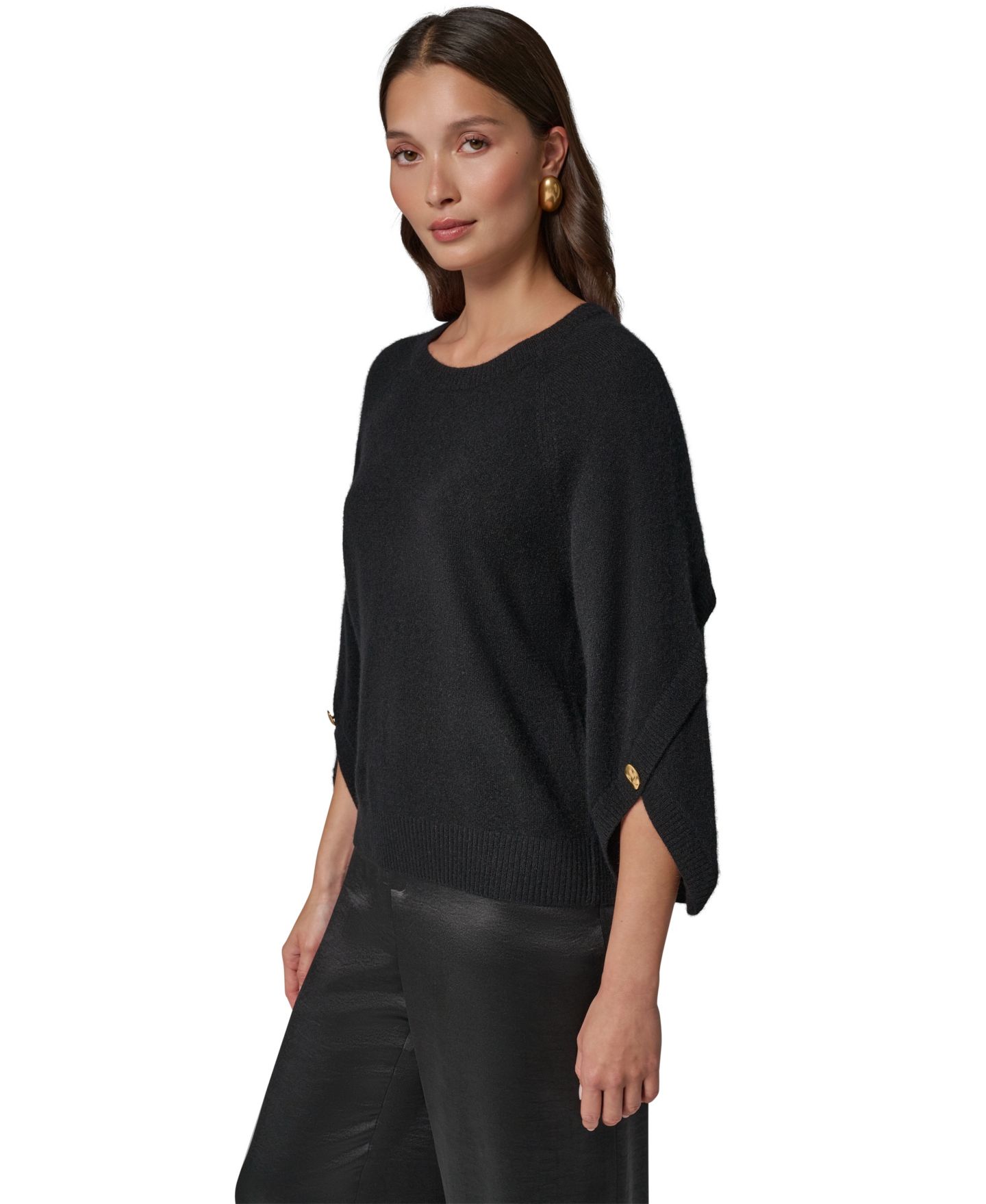 Женский свитер Donna Karan New York Cashmere 3/4-Sleeve Tulip Crewneck, цвет: Чёрный — фото 4