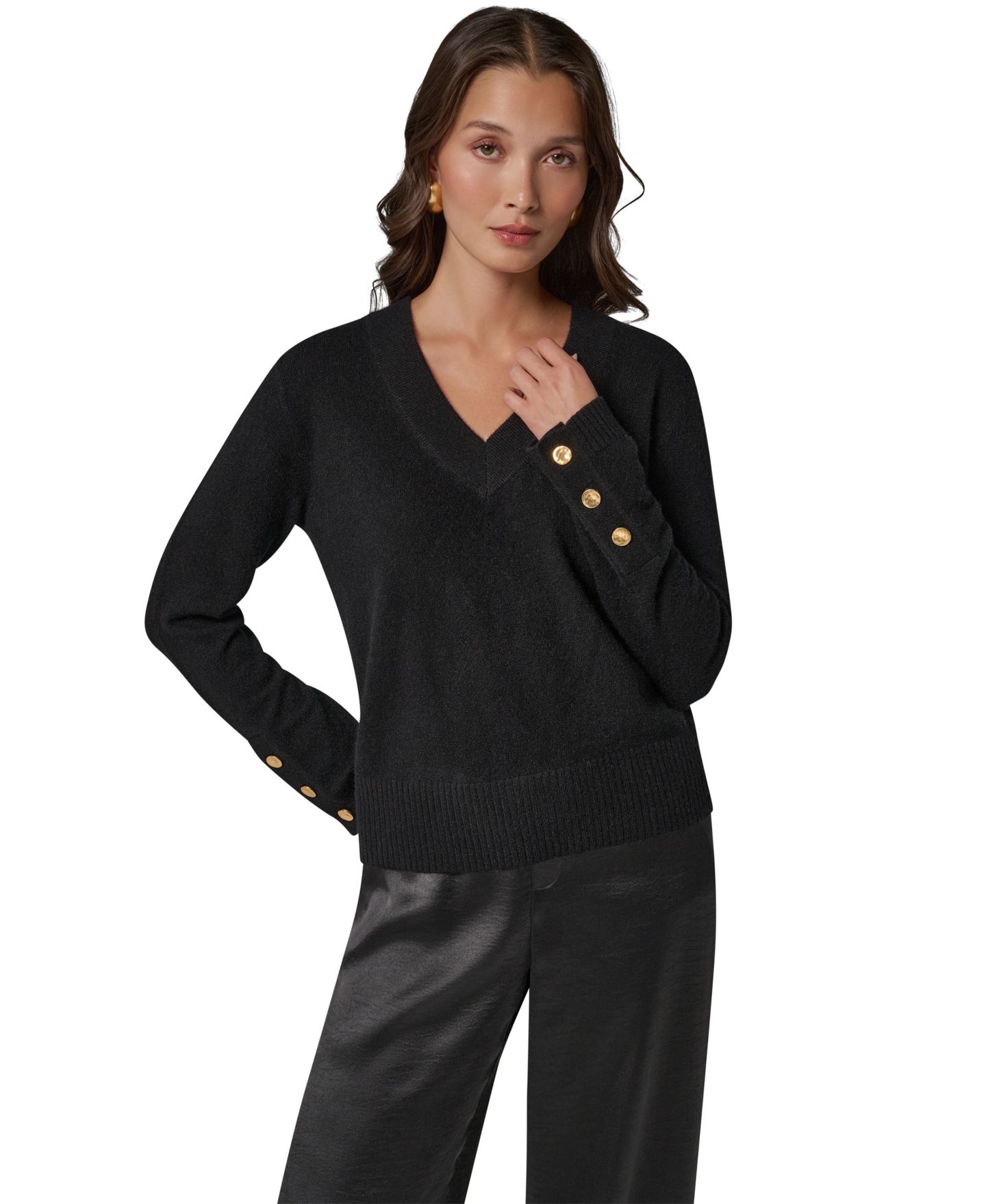 Женский свитер Donna Karan New York Cashmere Long-Sleeve V-Neck, цвет: Чёрный — фото 1