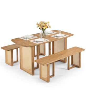 55'' Solid Rubber Wood Dining Table Set for 4 People With 2 Benches T-shaped Legs