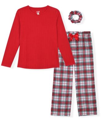 Girls' 5-16 Long-Sleeve Crewneck Plaid Pajama and Scrunchie, 3-Piece Set