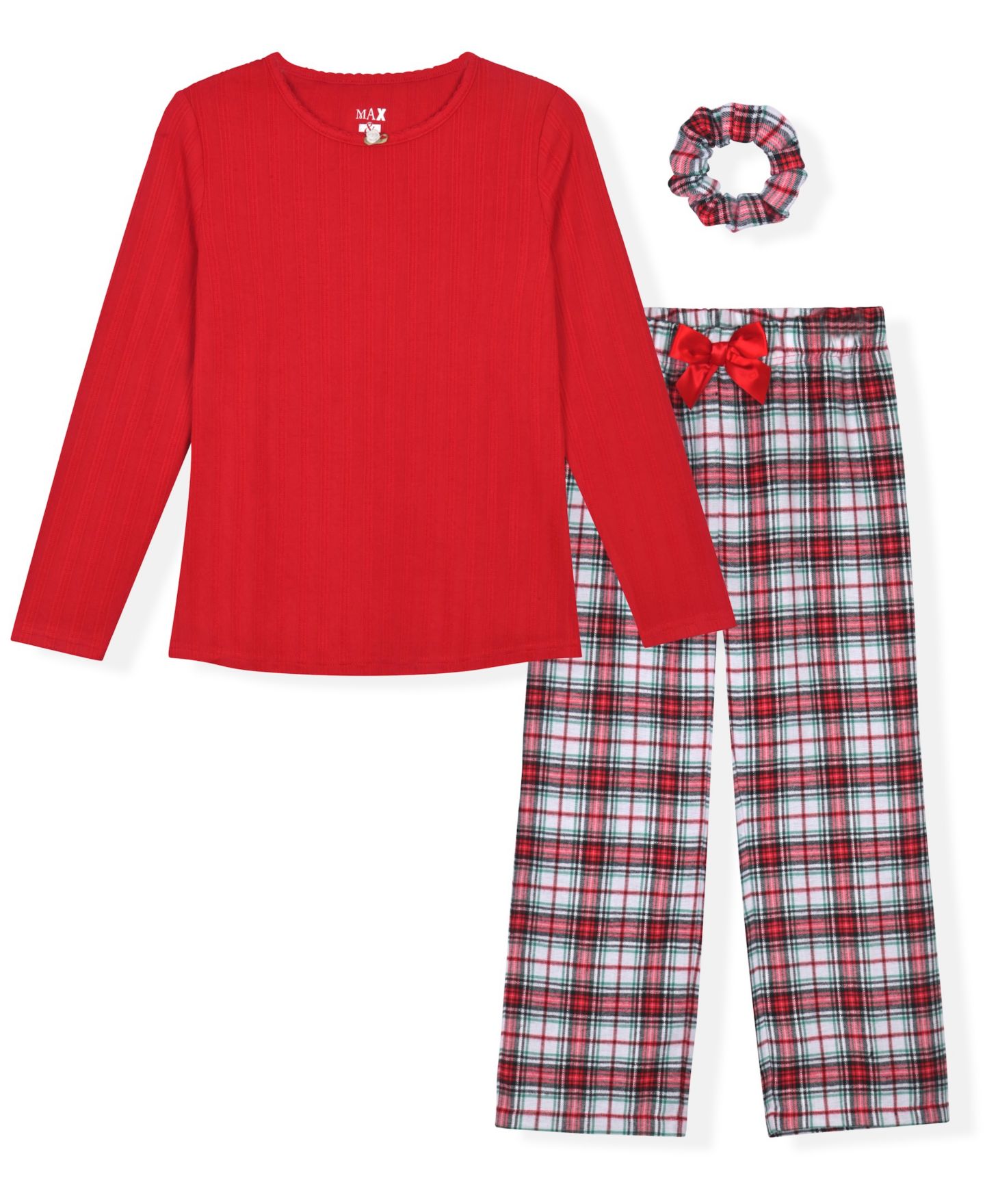 Max & Olivia Girls' 5-16 Long-Sleeve Crewneck Plaid Pajama and Scrunchie, 3-Piece Set, цвет: Красный — фото 1