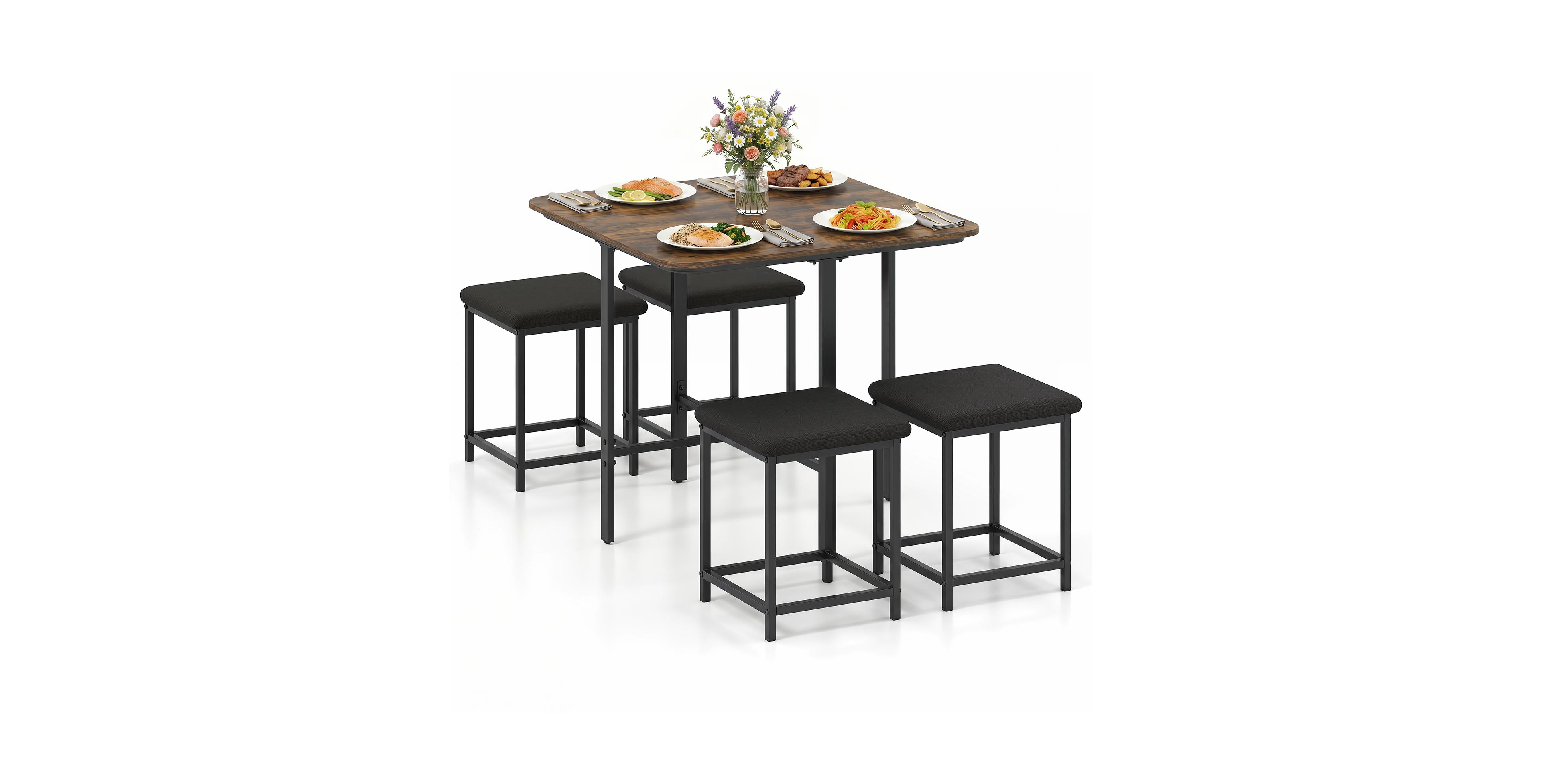 Gymax Kitchen Table With Upholstered Stools Kitchen Dining Set With Footrests Metal Frame