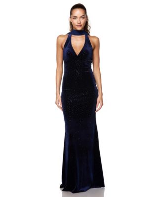 Juniors' Halter Empire-Waist Stone-Embellished Velvet Gown