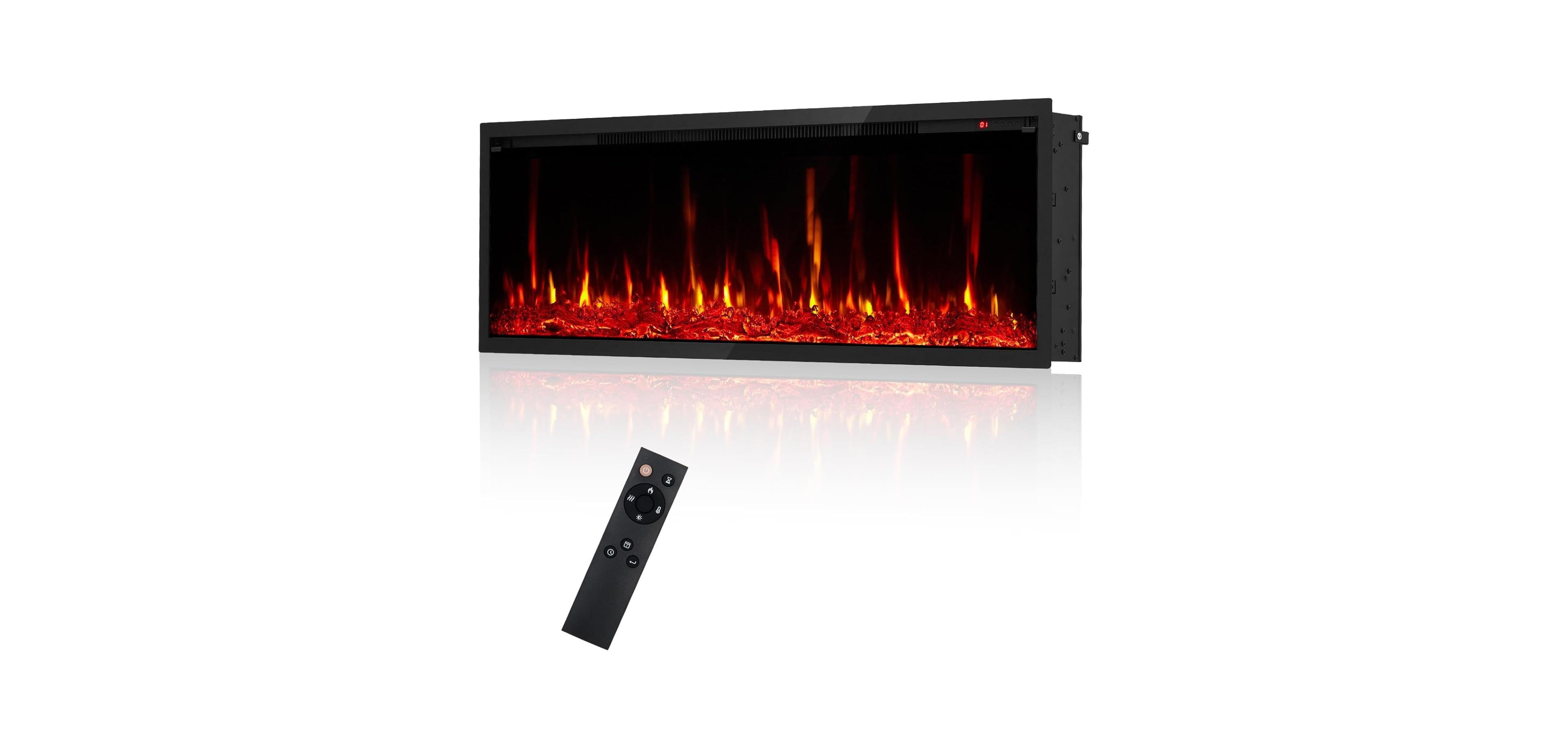 homfan 50Inch Wall Recessed Electric Fireplace with Remote Control Adjustable Flame Colors Timer Dual Heat Settings Log and Crystal