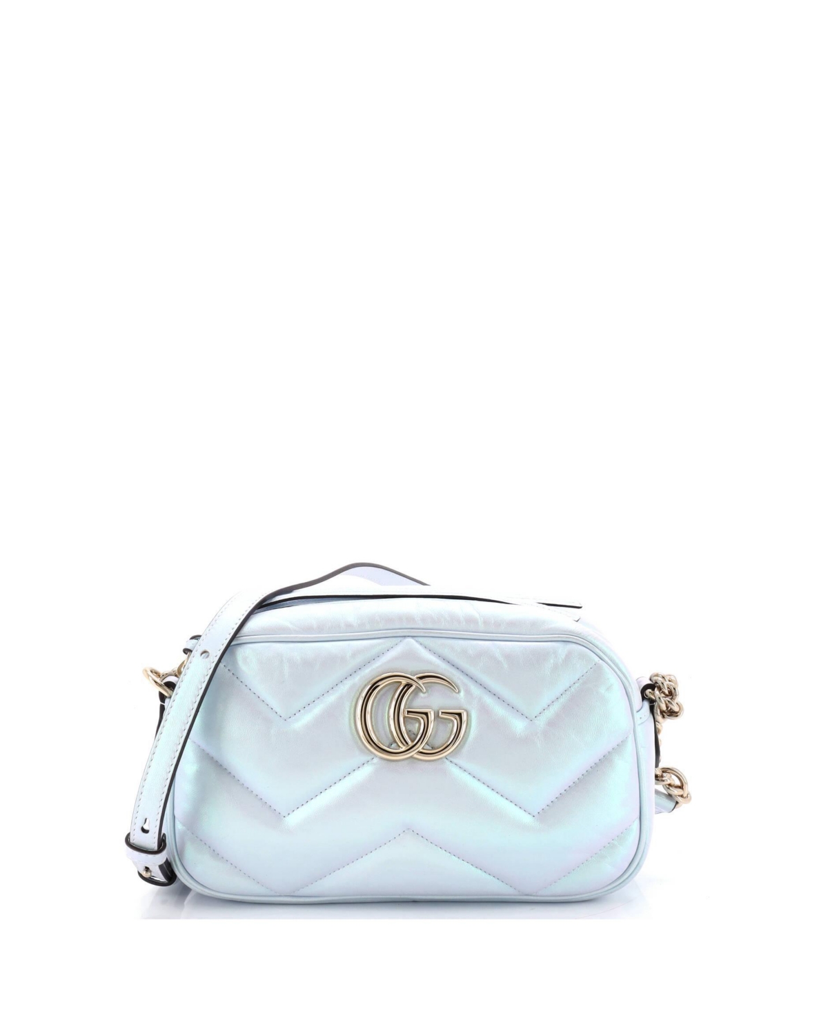 Pre-Owned Gucci Small Gg Marmont Shoulder Bag Chevron Iridescent Leather - Blue