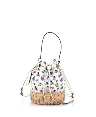 Small Drawstring Bucket Bag Printed Canvas and Wicker