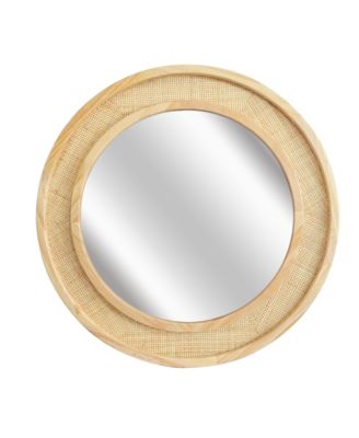 24 Inch Wood Rattan Round Solid Wood Frame Decorative Wall Mirror Farmhouse Accent for Bathroom Entryway Home Decor