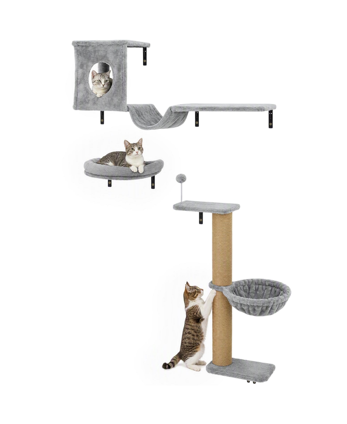 PawHut 3-In-1 Cat Wall Shelves, Wooden Cat Climbing Furniture with Condo, Bed - Gray