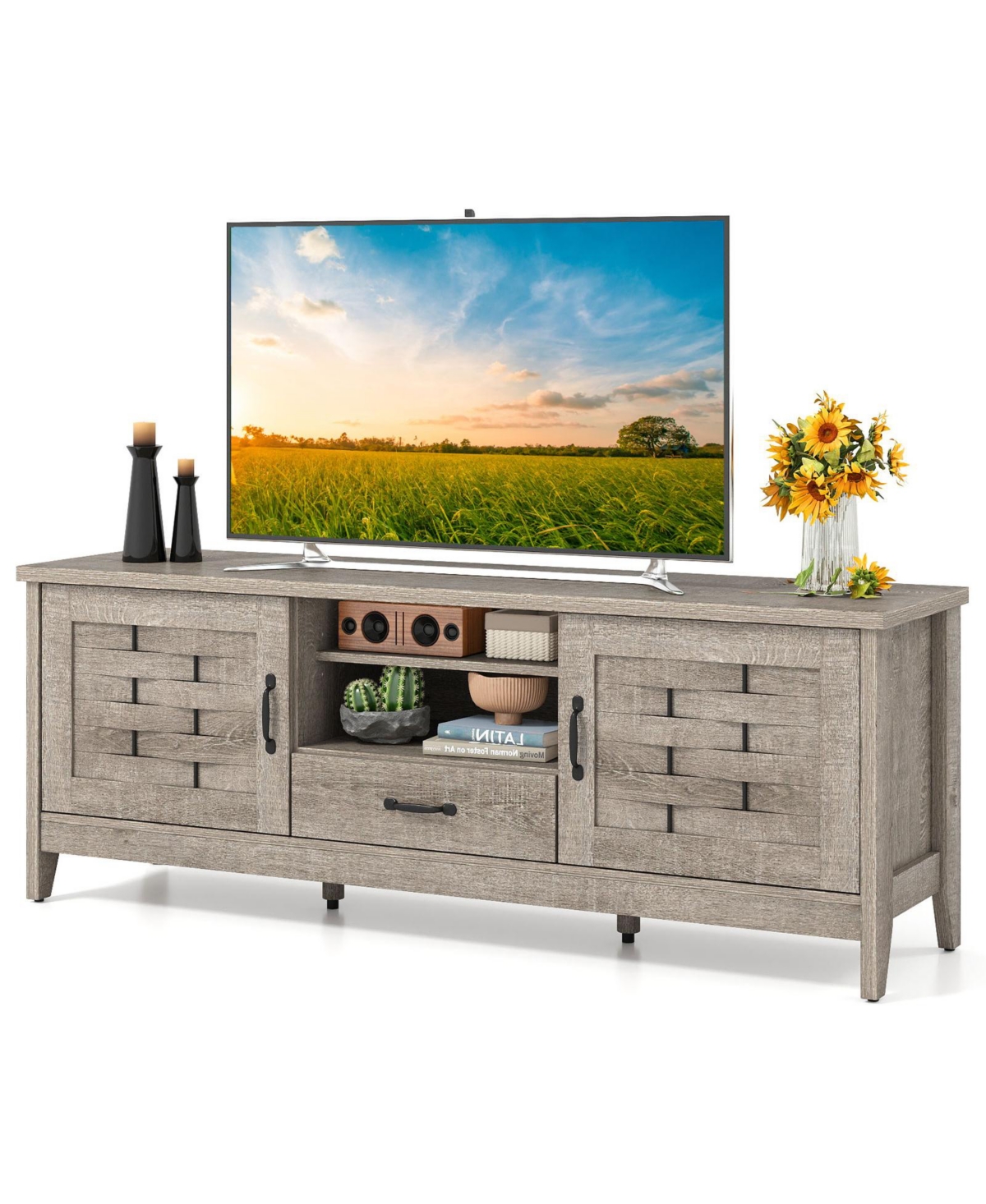 Mecale Farmhouse Tv Stand for 65 TVs with 2 Woven Accent Doors and 3 Adjustable Shelves