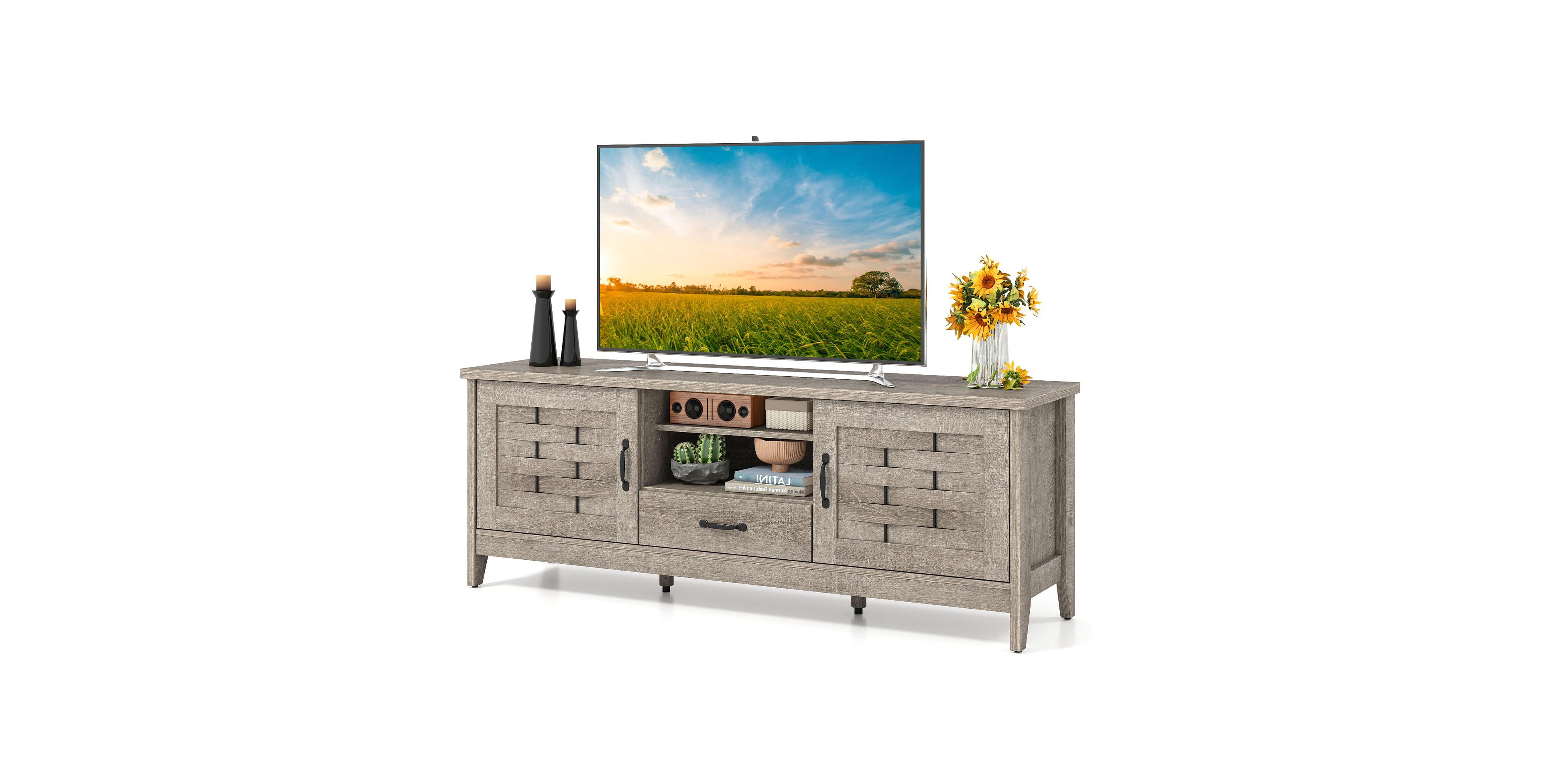 Mecale Farmhouse Tv Stand for 65 TVs with 2 Woven Accent Doors and 3 Adjustable Shelves